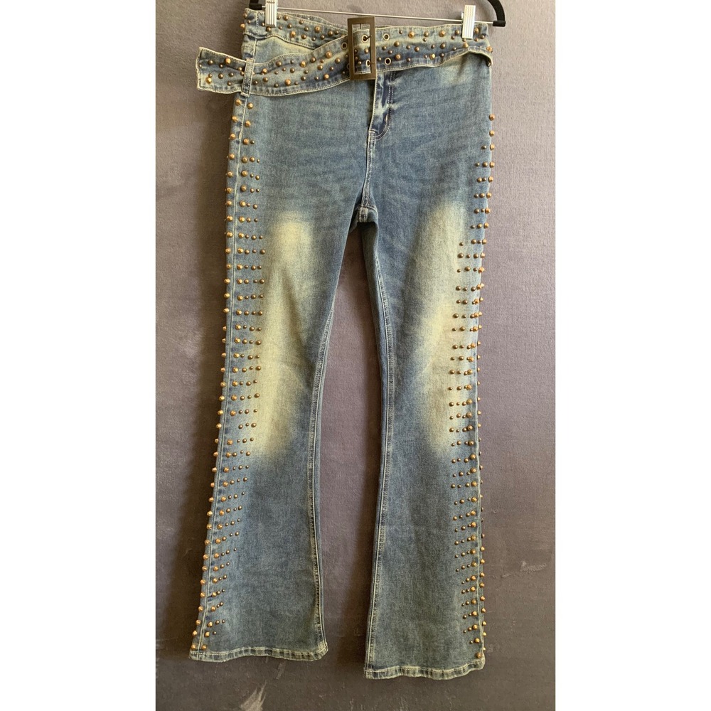 Fashion Nova Ayami Embellished Tinted Bootcut Jeans Vintage Wash Studded Size 13 - Picture 2 of 10
